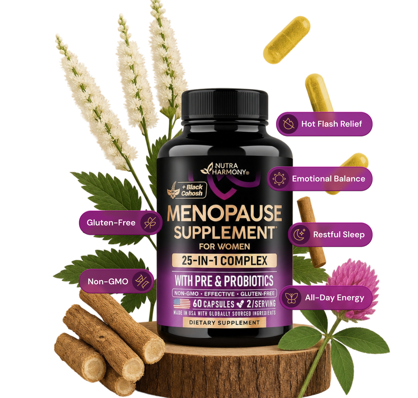 Nutra Harmony Menopause Supplement bottle with botanicals