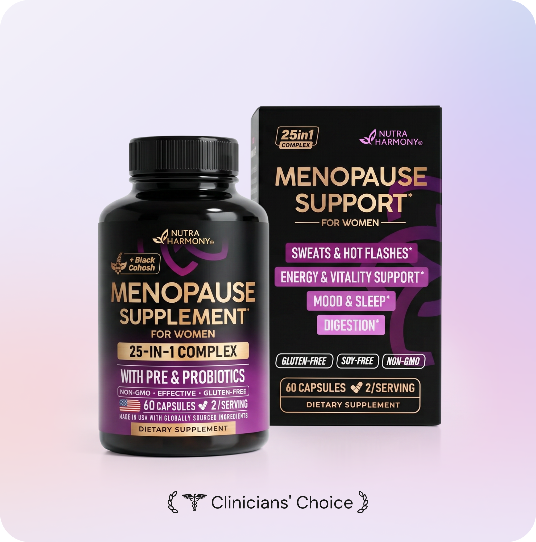 Nutra Harmony Menopause Supplement bottle and box with 90-day guarantee