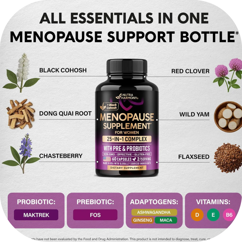 Nutra Harmony menopause supplement essentials in one bottle